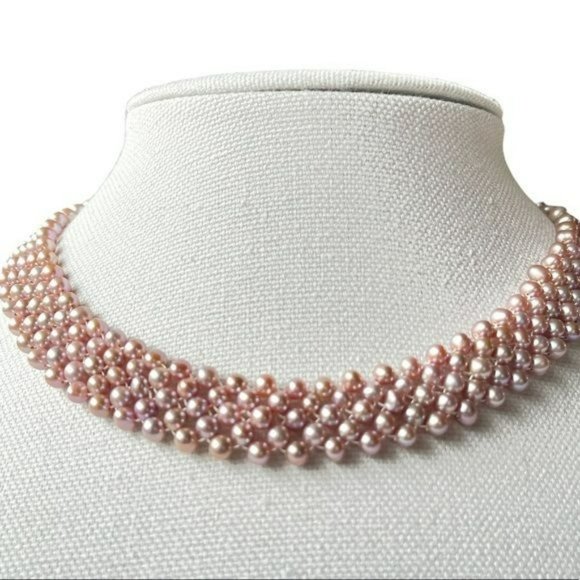 Lavender Freshwater Pearl Multi Strand Choker Necklace 925 Sterling Silver Clasp - Picture 1 of 10